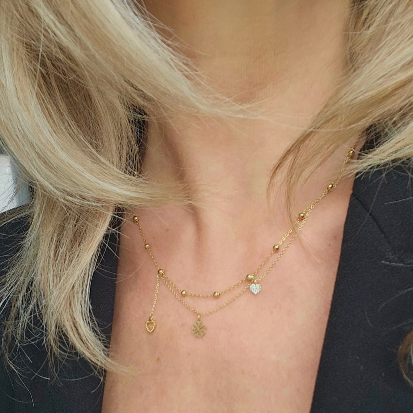 Galante gold-plated necklace – asymmetrical clover, heart and diamond heart pendants.